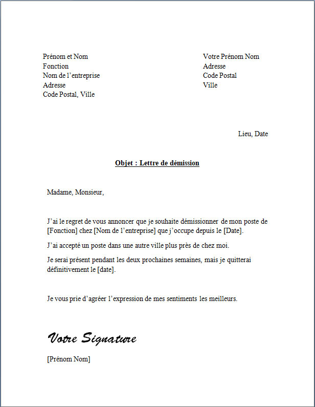 lettre de démission pour un autre travail