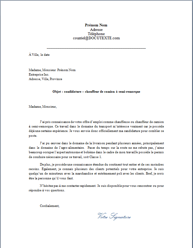 Lettre de motivation pour chauffeur chauffeuse de camion à semi